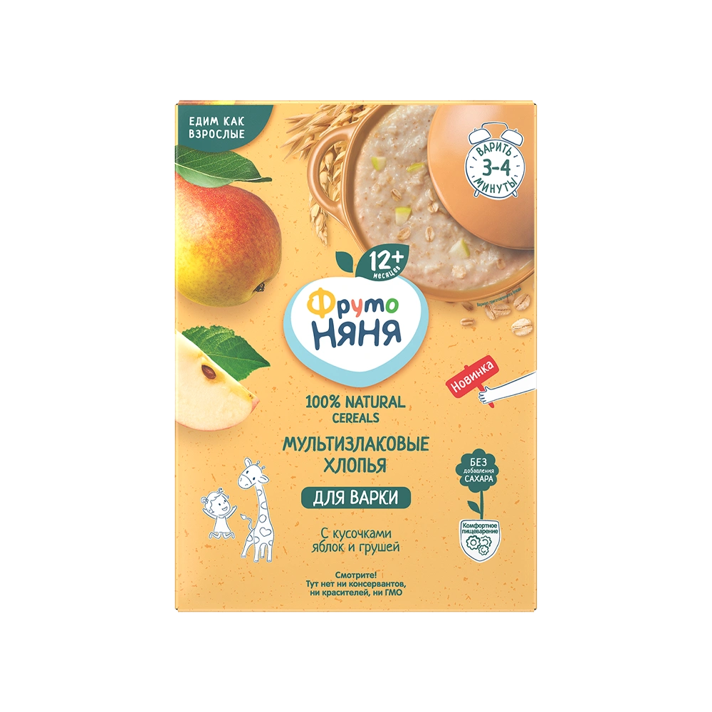 «ФрутоНяня» каша для варки мультизлаковая безмолочная с кусочками яблок и грушей
